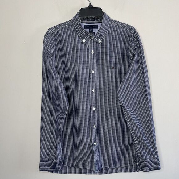 TOMMY HILFIGER Shirt Mens L 16.5 - 17 Blue Check Button-Down Dress Custom-Fit - Picture 1 of 7